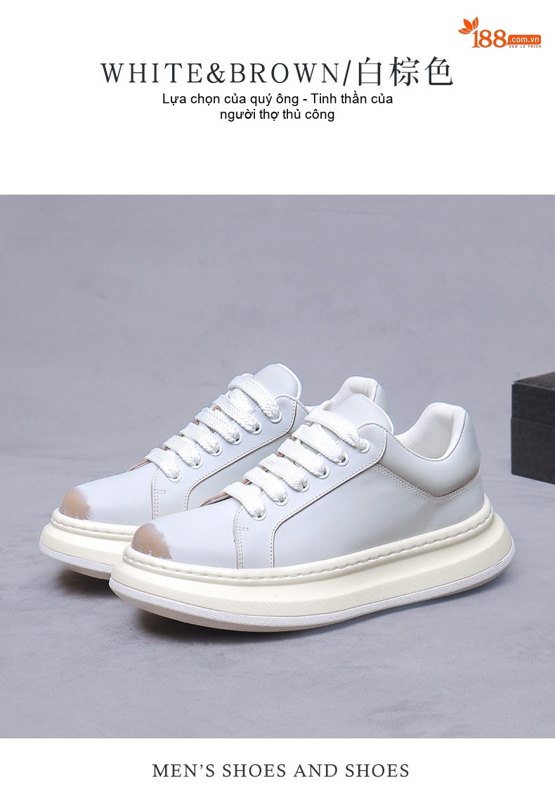 Giày Sneaker Nam Da Bò Đế Cao Khoảng 5cm Phong Cách Thời Trang Màu Trắng chi tiết 4