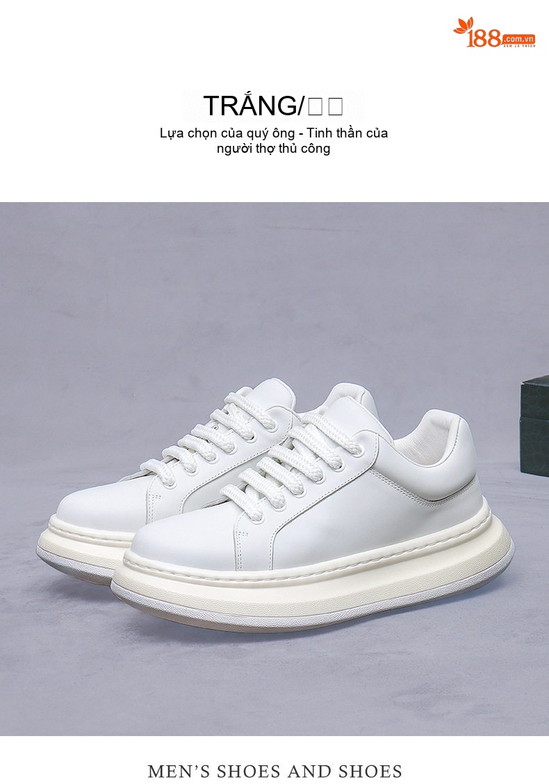 Giày Sneaker Nam Da Bò Đế Cao Khoảng 5cm Phong Cách Thời Trang Màu Trắng chi tiết 9