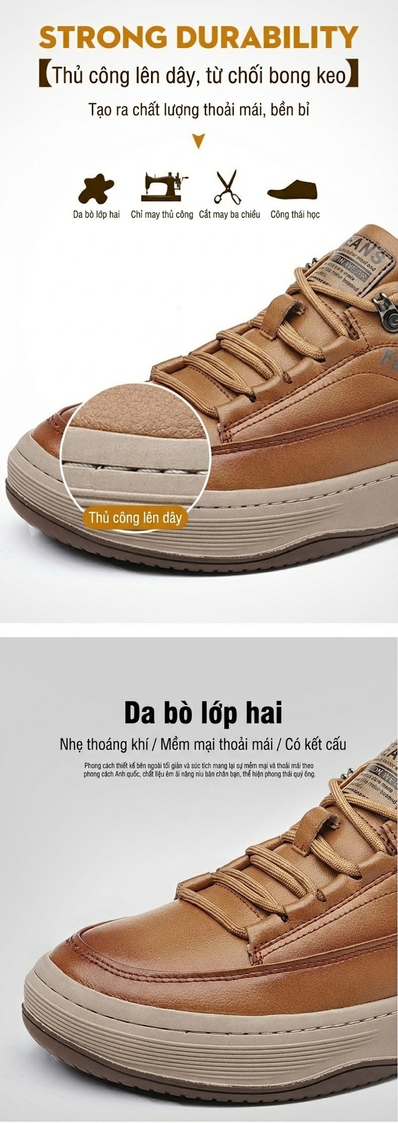Giày Sneaker Nam Da Thật Chiều Cao Đế Khoảng 3cm Màu Đen, Nâu chi tiết 6