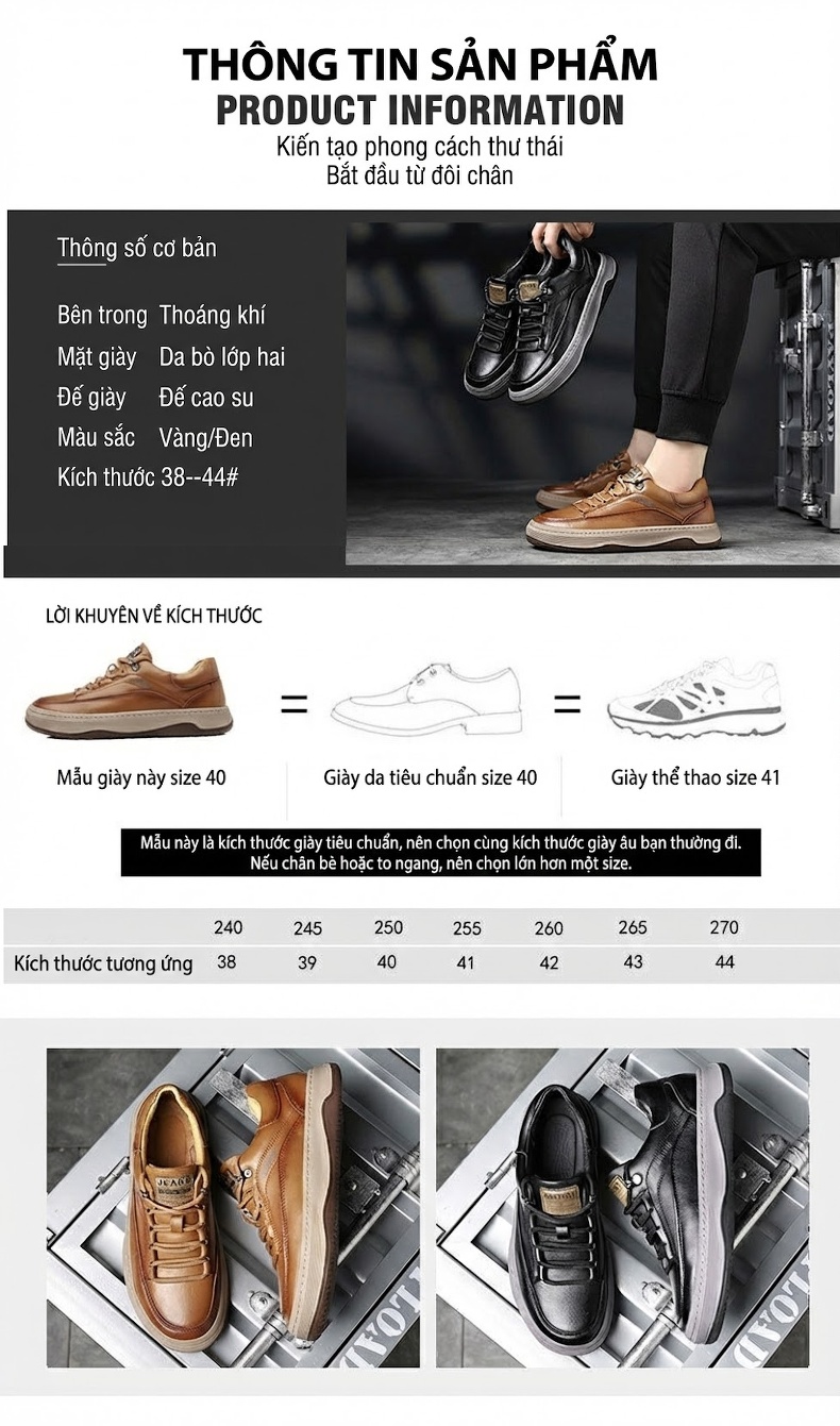 Giày Sneaker Nam Da Thật Chiều Cao Đế Khoảng 3cm Màu Đen, Nâu chi tiết 13