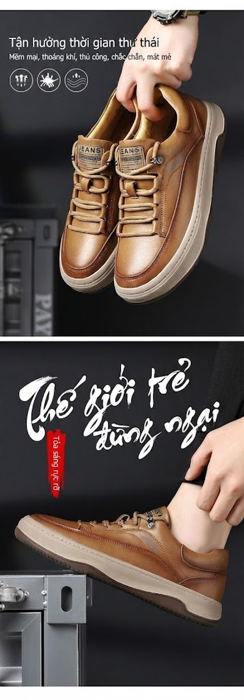 Giày Sneaker Nam Da Thật Chiều Cao Đế Khoảng 3cm Màu Đen, Nâu chi tiết 2