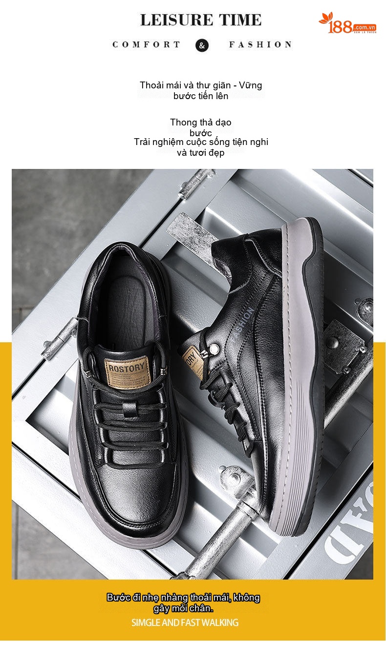 Giày Sneaker Nam Da Thật Chiều Cao Đế Khoảng 3cm Màu Đen, Nâu chi tiết 3