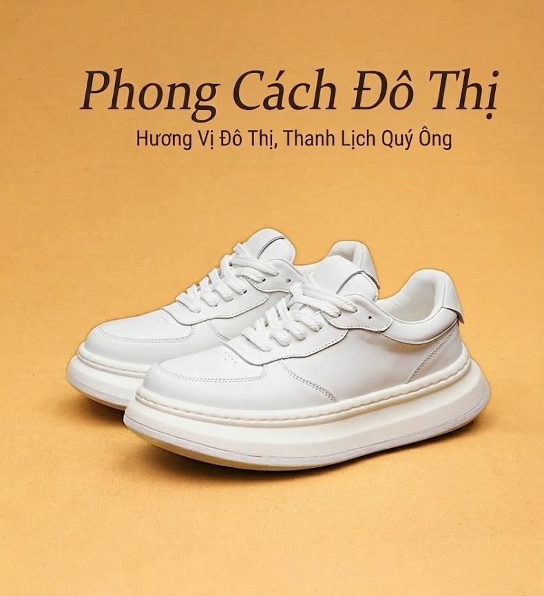 Giày Sneaker Nam Da Thật Đế Cao Khoảng 5cm Phong Cách Anh Màu Trắng, Xám chi tiết 1