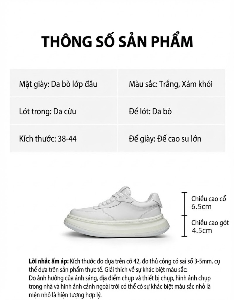 Giày Sneaker Nam Da Thật Đế Cao Khoảng 5cm Phong Cách Anh Màu Trắng, Xám chi tiết 2