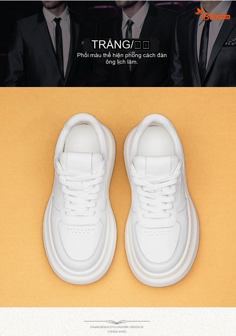 Giày Sneaker Nam Da Thật Đế Cao Khoảng 5cm Phong Cách Anh Màu Trắng, Xám chi tiết 4