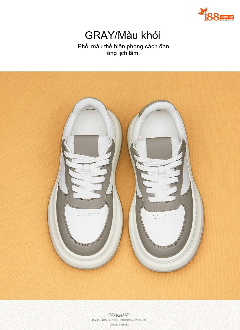 Giày Sneaker Nam Da Thật Đế Cao Khoảng 5cm Phong Cách Anh Màu Trắng, Xám chi tiết 12