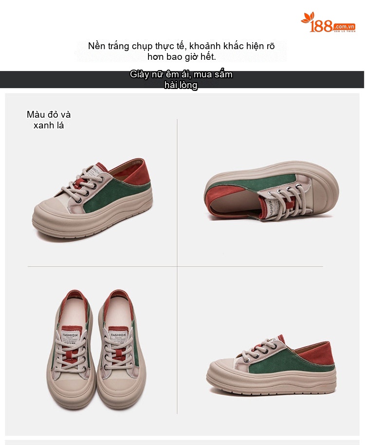 Giày Sneaker Nữ Buộc Dây Đế Dày Chiều Cao Đế Khoảng 4cm Thiết Kế Hai Kiểu Mang Màu Be, Nâu, Đỏ, Xanh Lá chi tiết 16