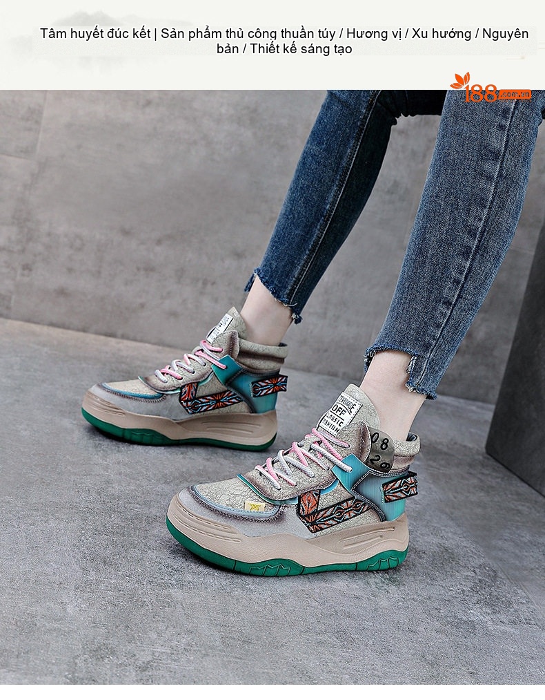 Giày Sneaker Nữ Cao Cổ Da Bò Đế Bằng Chiều Cao Đế Khoảng 5cm Màu Xám, Đen, Xanh chi tiết 1