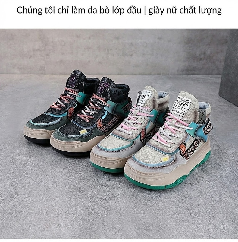 Giày Sneaker Nữ Cao Cổ Da Bò Đế Bằng Chiều Cao Đế Khoảng 5cm Màu Xám, Đen, Xanh chi tiết 2