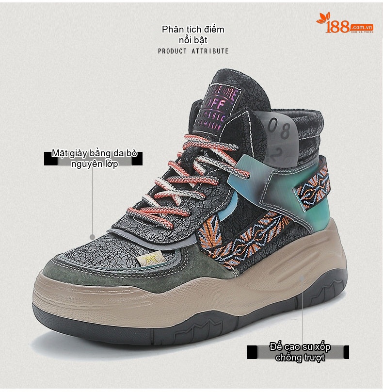 Giày Sneaker Nữ Cao Cổ Da Bò Đế Bằng Chiều Cao Đế Khoảng 5cm Màu Xám, Đen, Xanh chi tiết 3
