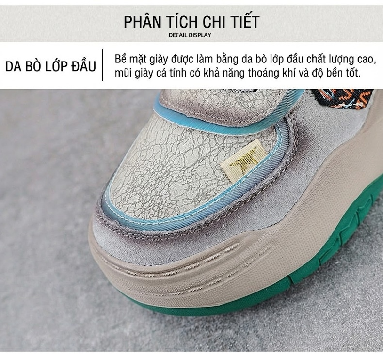 Giày Sneaker Nữ Cao Cổ Da Bò Đế Bằng Chiều Cao Đế Khoảng 5cm Màu Xám, Đen, Xanh chi tiết 4