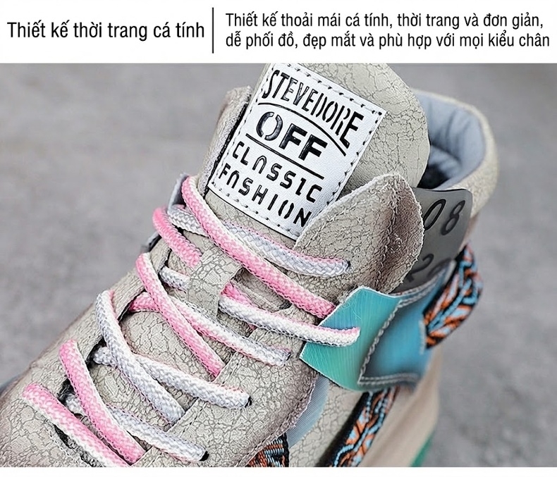 Giày Sneaker Nữ Cao Cổ Da Bò Đế Bằng Chiều Cao Đế Khoảng 5cm Màu Xám, Đen, Xanh chi tiết 5