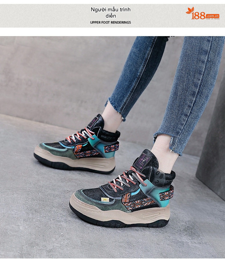 Giày Sneaker Nữ Cao Cổ Da Bò Đế Bằng Chiều Cao Đế Khoảng 5cm Màu Xám, Đen, Xanh chi tiết 9