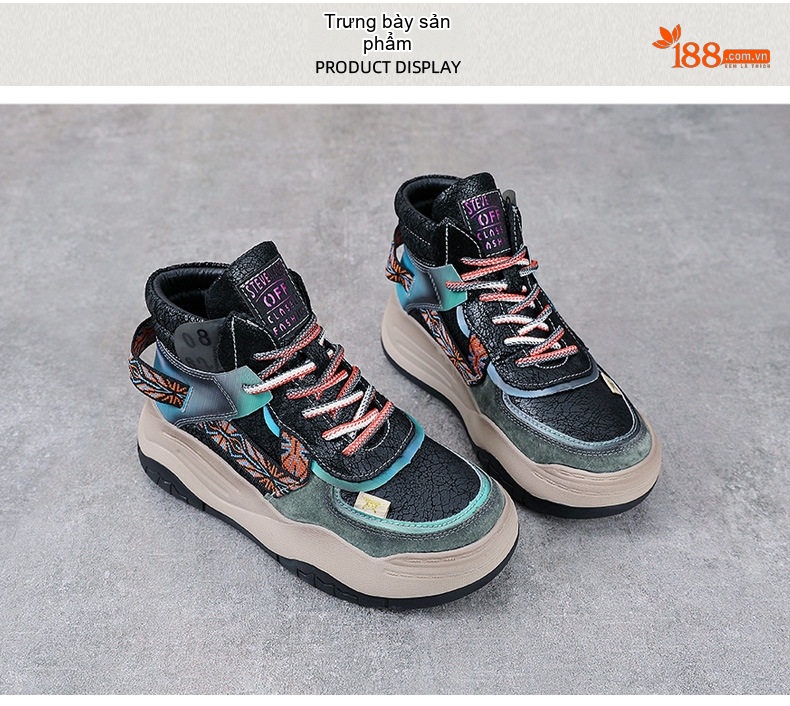 Giày Sneaker Nữ Cao Cổ Da Bò Đế Bằng Chiều Cao Đế Khoảng 5cm Màu Xám, Đen, Xanh chi tiết 10