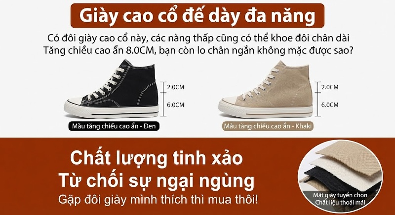 Giày Sneaker Nữ Cao Cổ Đế Dày Chiều Cao Đế 8cm Màu Đen, Kem