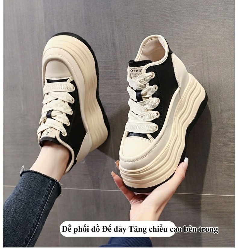 Giày Sneaker Nữ Cao Cổ Đế Dày Chiều Cao Đế 8cm Màu Đen, Kem chi tiết 1