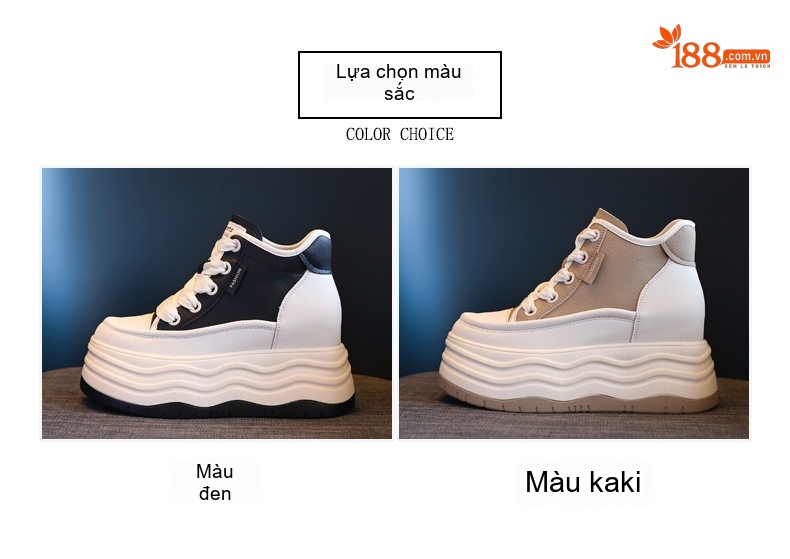 Giày Sneaker Nữ Cao Cổ Đế Dày Chiều Cao Đế 8cm Màu Đen, Kem chi tiết 2