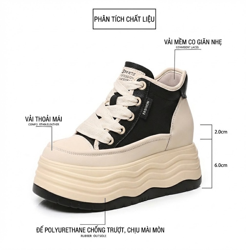 Giày Sneaker Nữ Cao Cổ Đế Dày Chiều Cao Đế 8cm Màu Đen, Kem chi tiết 3