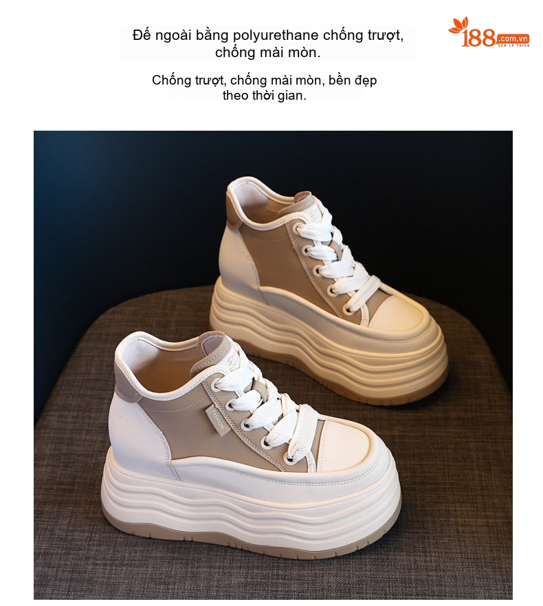 Giày Sneaker Nữ Cao Cổ Đế Dày Chiều Cao Đế 8cm Màu Đen, Kem chi tiết 11