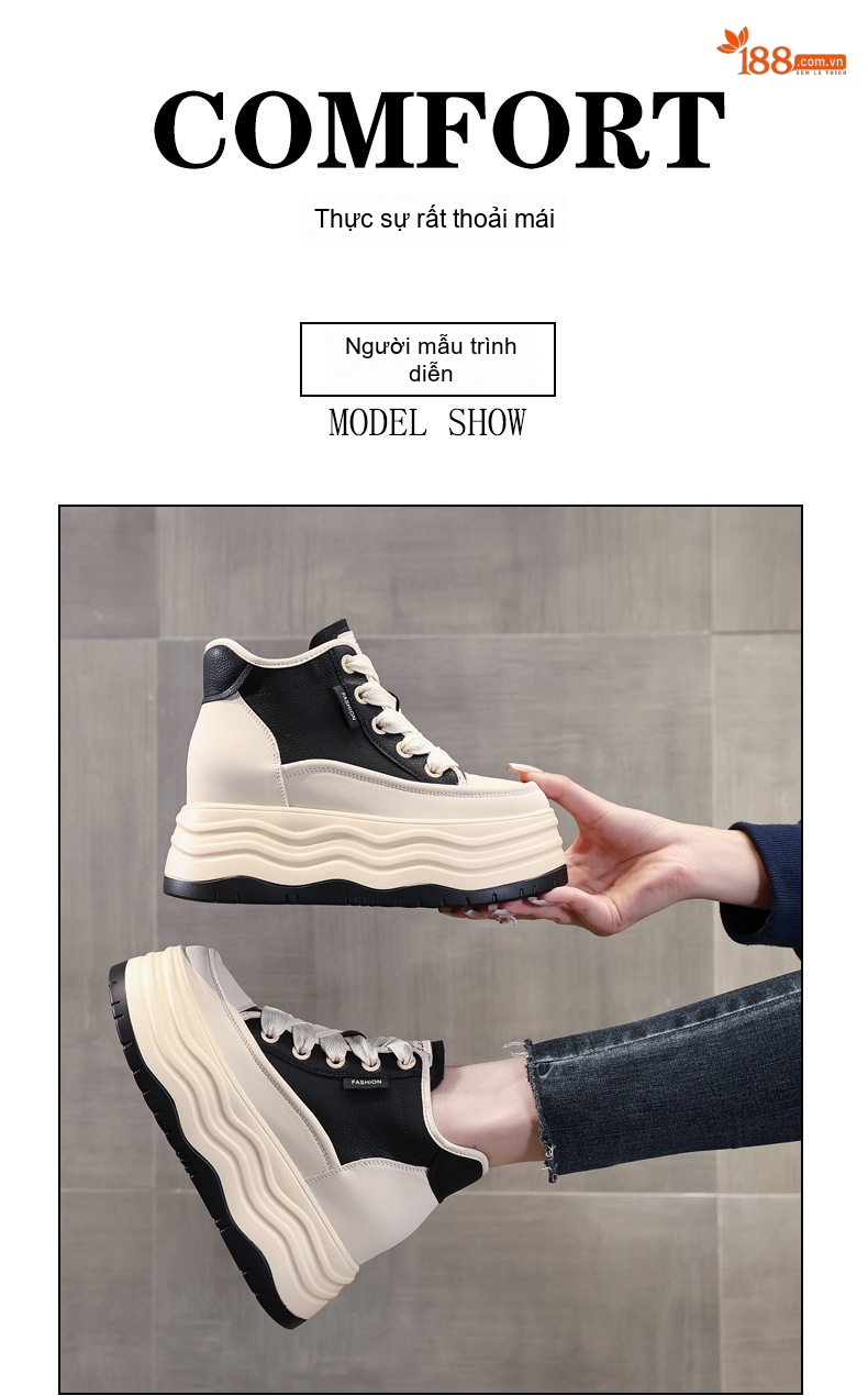 Giày Sneaker Nữ Cao Cổ Đế Dày Chiều Cao Đế 8cm Màu Đen, Kem chi tiết 12