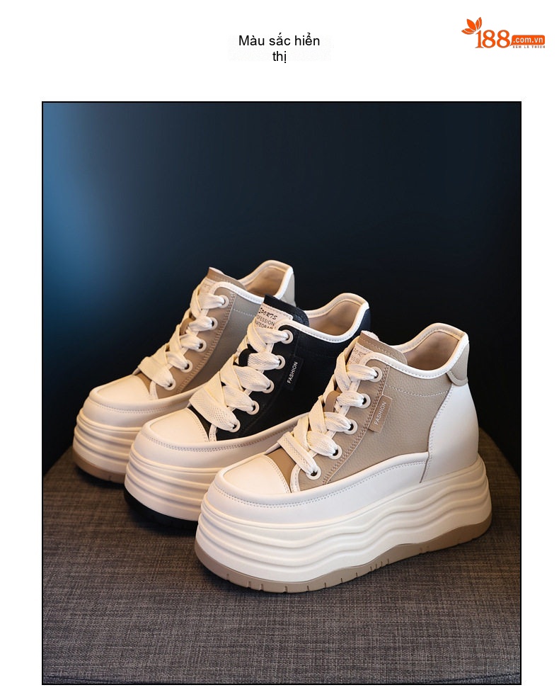 Giày Sneaker Nữ Cao Cổ Đế Dày Chiều Cao Đế 8cm Màu Đen, Kem chi tiết 19