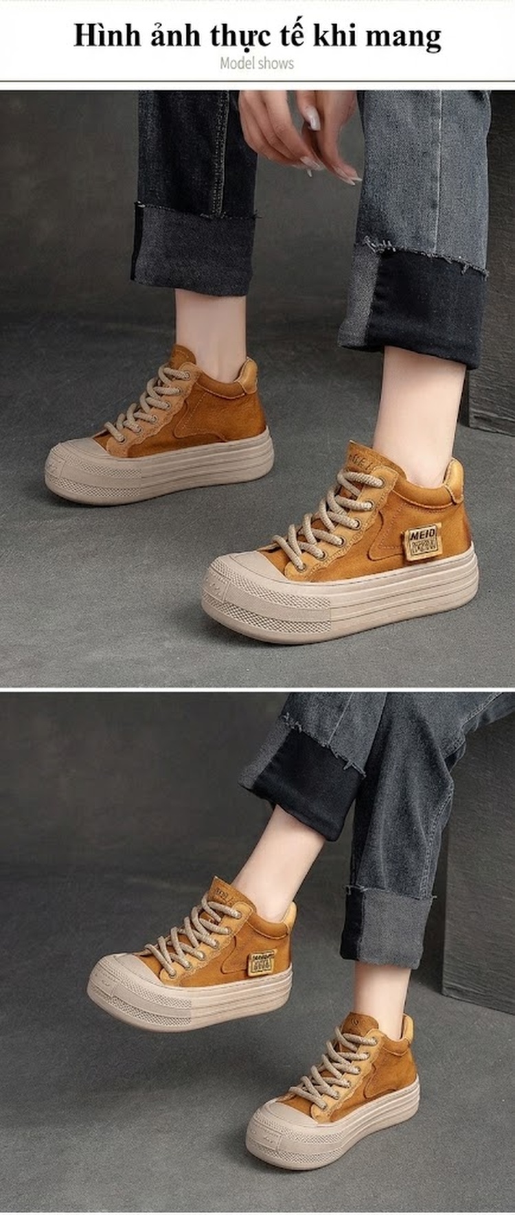 Giày Sneaker Nữ Cổ Cao Dây Buộc Đế Dày Chiều Cao Đế Khoảng 4cm Màu Nâu, Đỏ chi tiết 7