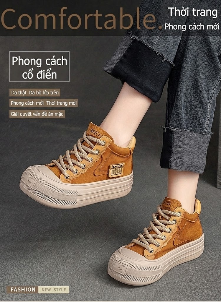 Giày Sneaker Nữ Cổ Cao Dây Buộc Đế Dày Chiều Cao Đế Khoảng 4cm Màu Nâu, Đỏ chi tiết 2