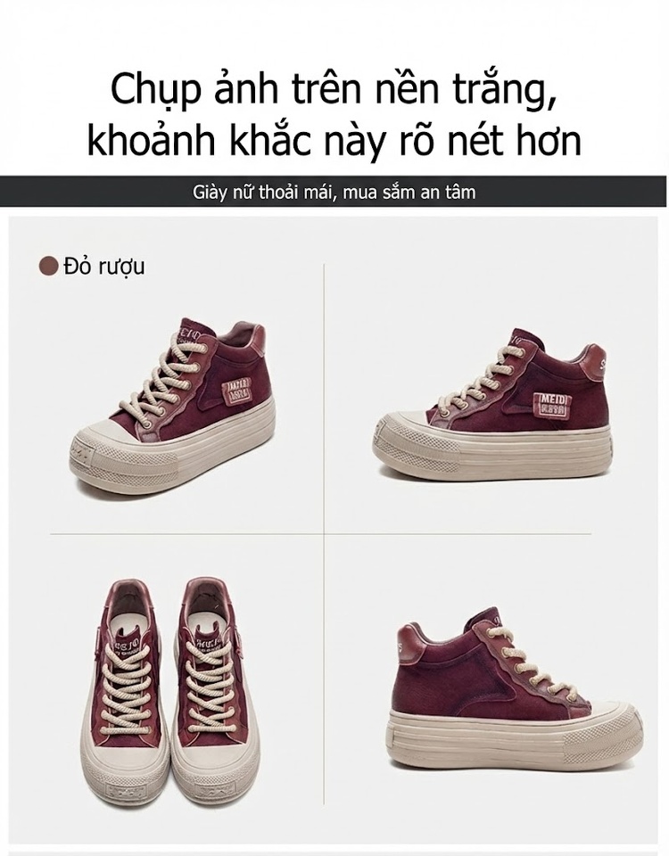 Giày Sneaker Nữ Cổ Cao Dây Buộc Đế Dày Chiều Cao Đế Khoảng 4cm Màu Nâu, Đỏ chi tiết 14