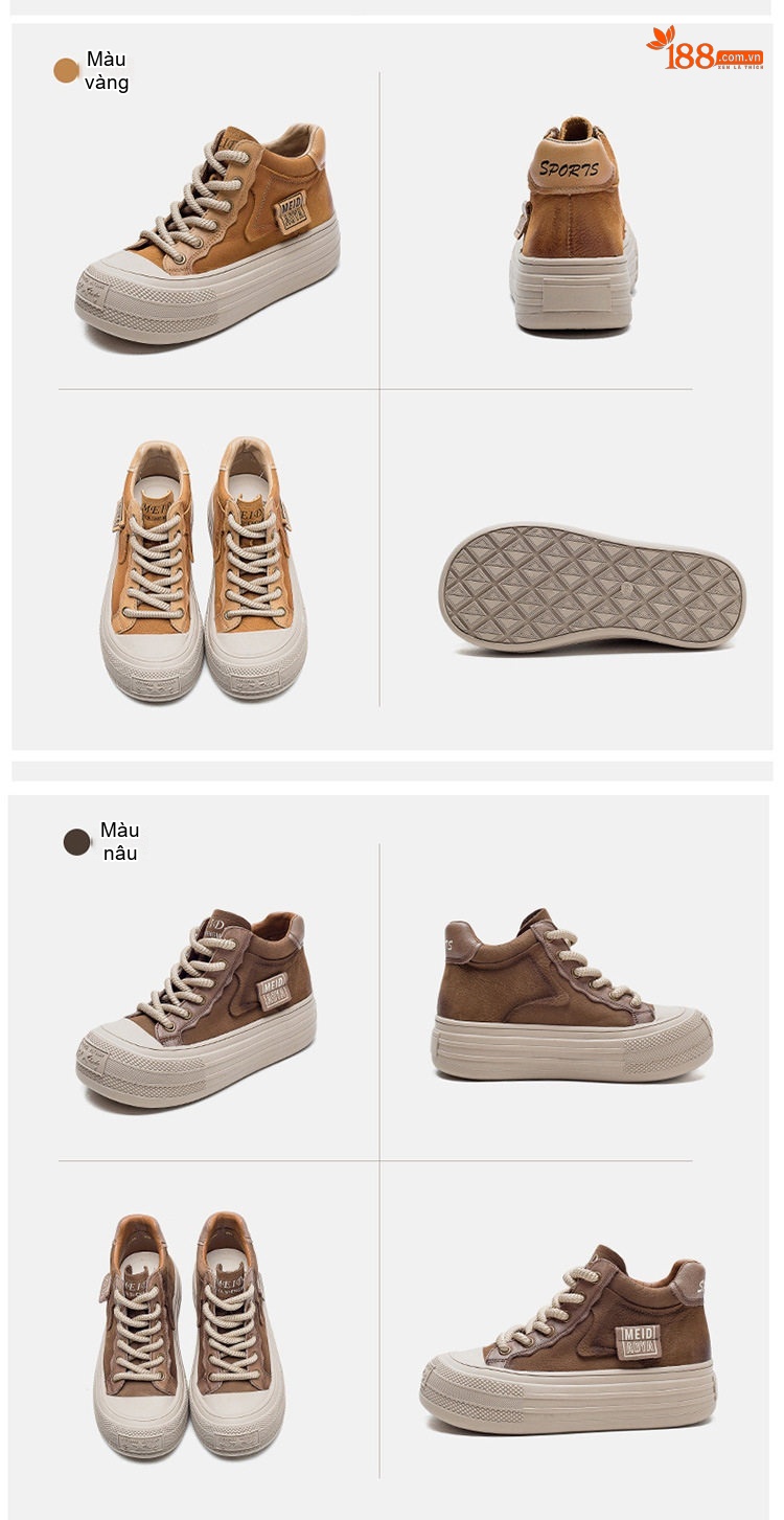 Giày Sneaker Nữ Cổ Cao Dây Buộc Đế Dày Chiều Cao Đế Khoảng 4cm Màu Nâu, Đỏ chi tiết 15