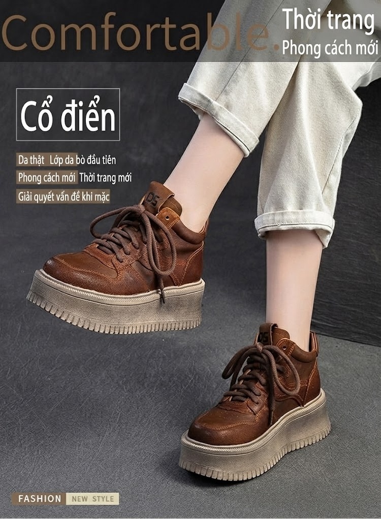 Giày Sneaker Nữ Cổ Cao Đế Cao Khoảng 5cm Phong Cách Vintage Màu Nâu chi tiết 2
