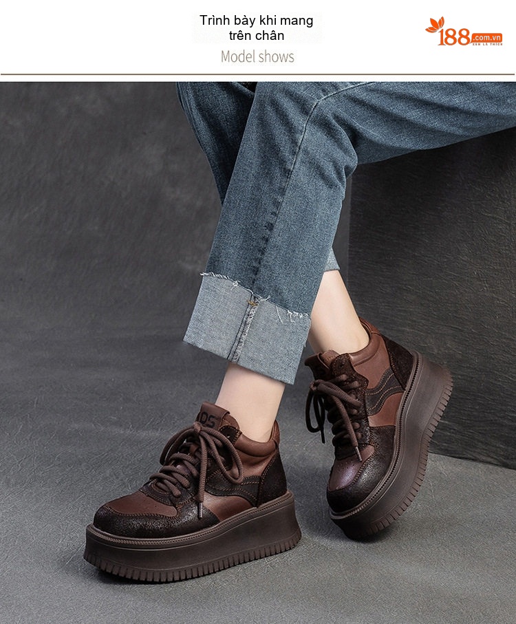 Giày Sneaker Nữ Cổ Cao Đế Cao Khoảng 5cm Phong Cách Vintage Màu Nâu chi tiết 8