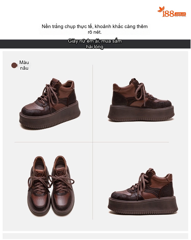 Giày Sneaker Nữ Cổ Cao Đế Cao Khoảng 5cm Phong Cách Vintage Màu Nâu chi tiết 17