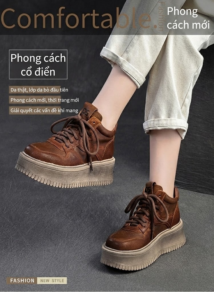 Giày Sneaker Nữ Cổ Cao Đế Dày Chiều Cao Đế Khoảng 5cm Phong Cách Retro Màu Nâu chi tiết 2