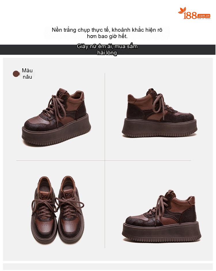 Giày Sneaker Nữ Cổ Cao Đế Dày Chiều Cao Đế Khoảng 5cm Phong Cách Retro Màu Nâu chi tiết 17
