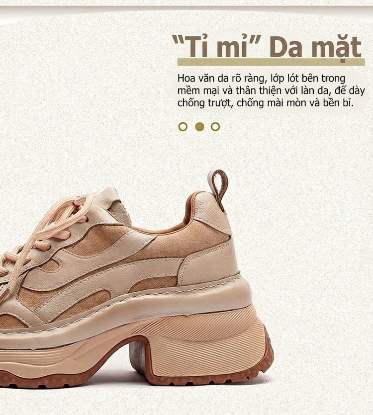 Giày Sneaker Nữ Cổ Điển Đế Thô Buộc Dây Chiều Cao Đế Khoảng 5cm Màu Nâu, Be chi tiết 2