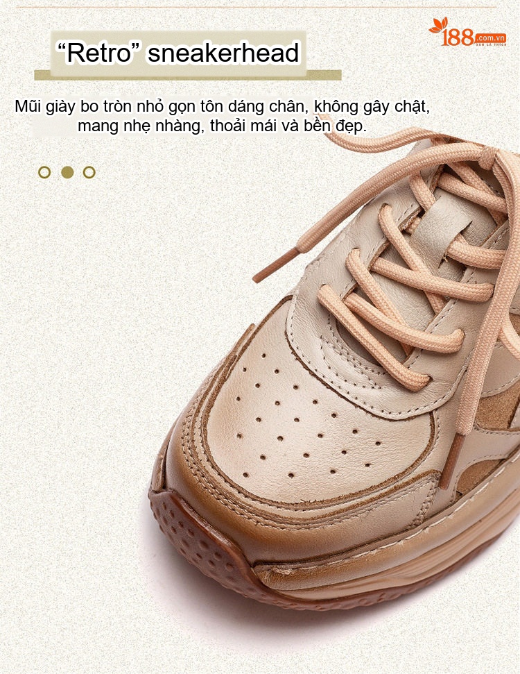Giày Sneaker Nữ Cổ Điển Đế Thô Buộc Dây Chiều Cao Đế Khoảng 5cm Màu Nâu, Be chi tiết 3