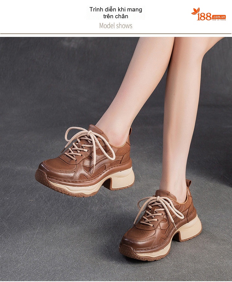 Giày Sneaker Nữ Cổ Điển Đế Thô Buộc Dây Chiều Cao Đế Khoảng 5cm Màu Nâu, Be chi tiết 6