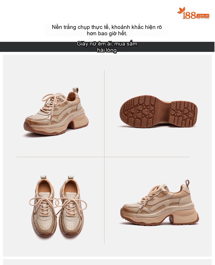 Giày Sneaker Nữ Cổ Điển Đế Thô Buộc Dây Chiều Cao Đế Khoảng 5cm Màu Nâu, Be chi tiết 15