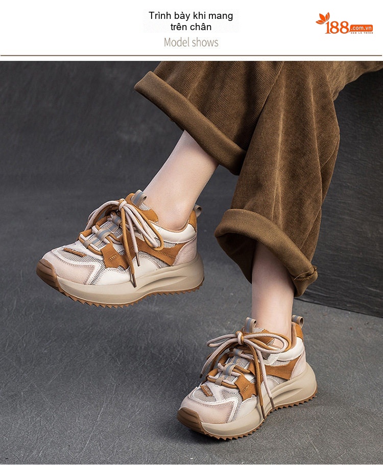 Giày Sneaker Nữ Cổ Điển Phong Cách Anh Quốc Phối Lưới Buộc Dây Chiều Cao Đế Khoảng 4cm Màu Be, Nâu Đỏ chi tiết 8
