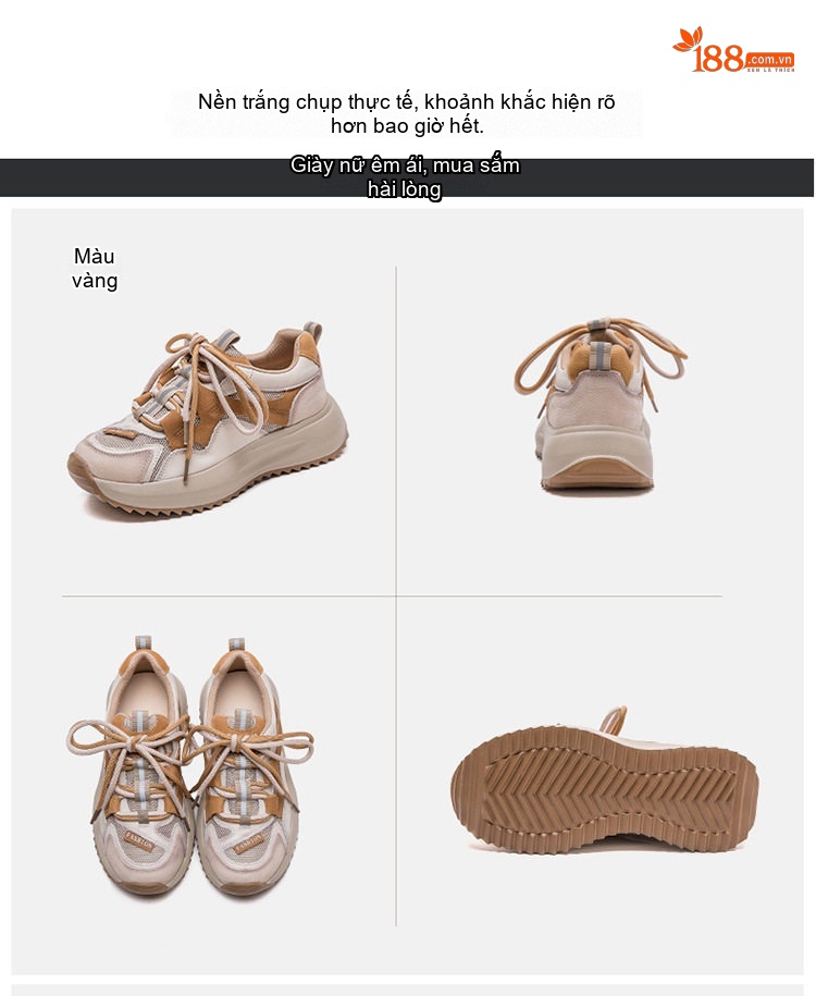 Giày Sneaker Nữ Cổ Điển Phong Cách Anh Quốc Phối Lưới Buộc Dây Chiều Cao Đế Khoảng 4cm Màu Be, Nâu Đỏ chi tiết 17