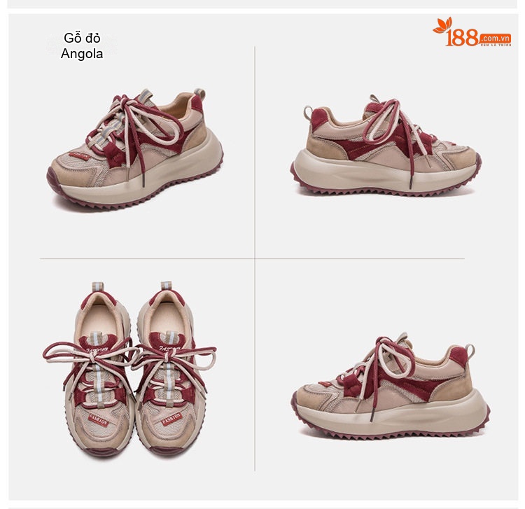 Giày Sneaker Nữ Cổ Điển Phong Cách Anh Quốc Phối Lưới Buộc Dây Chiều Cao Đế Khoảng 4cm Màu Be, Nâu Đỏ chi tiết 1