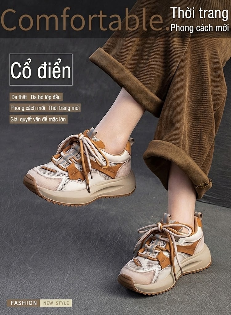 Giày Sneaker Nữ Cổ Điển Phong Cách Anh Quốc Phối Lưới Buộc Dây Chiều Cao Đế Khoảng 4cm Màu Be, Nâu Đỏ chi tiết 2