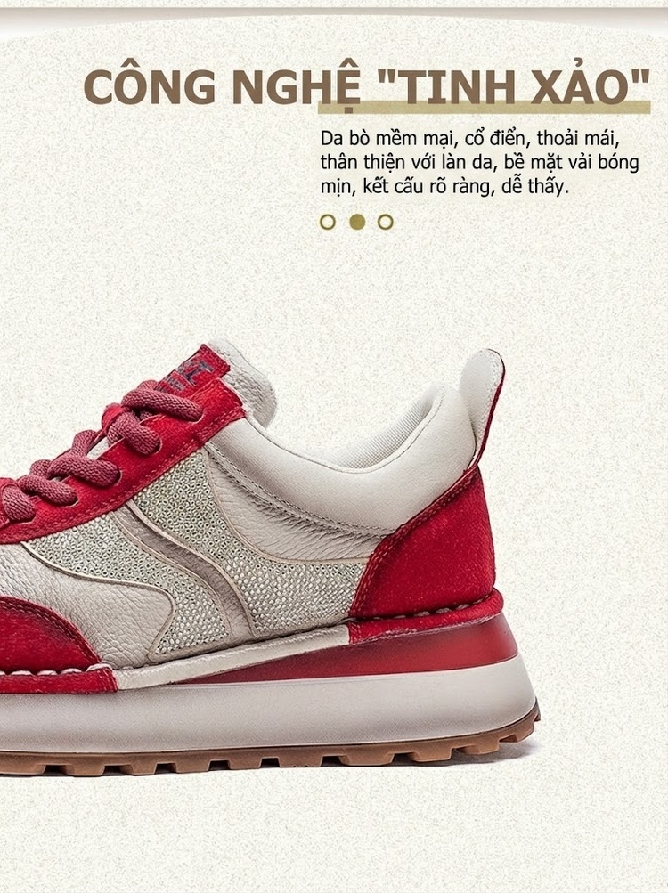 Giày Sneaker Nữ Da Bò Buộc Dây Chiều Cao Đế Khoảng 3.5cm Màu Đỏ, Kem, Xám chi tiết 2