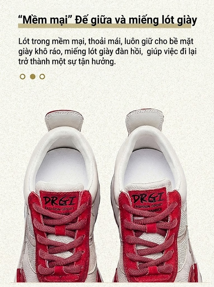 Giày Sneaker Nữ Da Bò Buộc Dây Chiều Cao Đế Khoảng 3.5cm Màu Đỏ, Kem, Xám chi tiết 5
