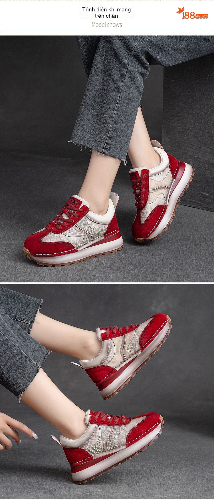 Giày Sneaker Nữ Da Bò Buộc Dây Chiều Cao Đế Khoảng 3.5cm Màu Đỏ, Kem, Xám chi tiết 6