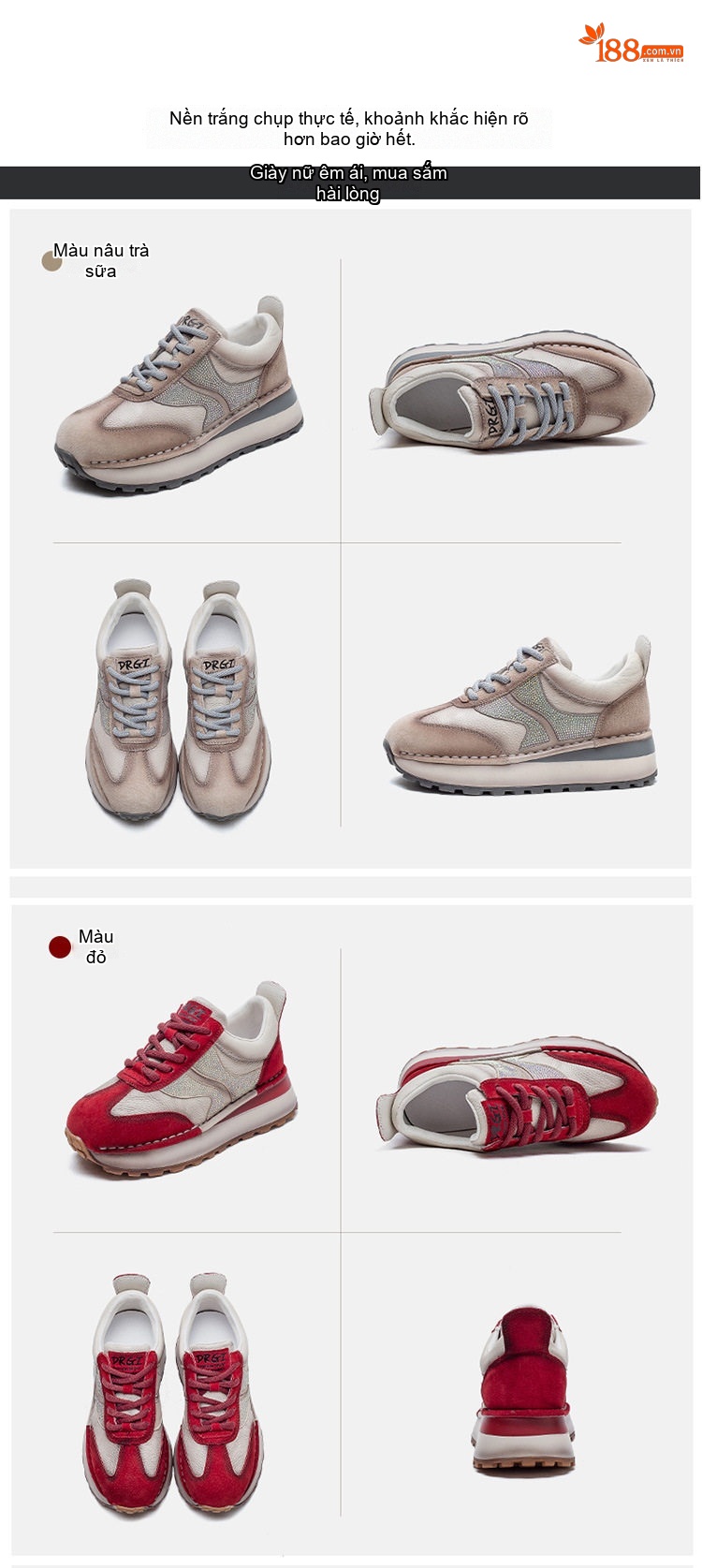 Giày Sneaker Nữ Da Bò Buộc Dây Chiều Cao Đế Khoảng 3.5cm Màu Đỏ, Kem, Xám chi tiết 13