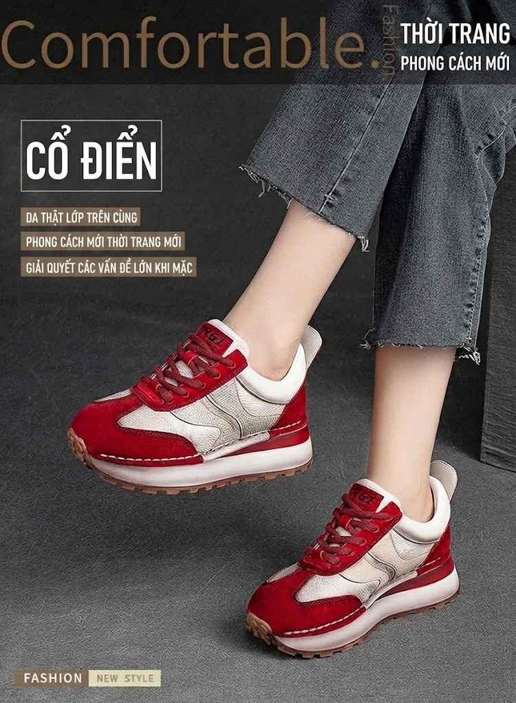 Giày Sneaker Nữ Da Bò Buộc Dây Chiều Cao Đế Khoảng 3.5cm Màu Đỏ, Kem, Xám chi tiết 1