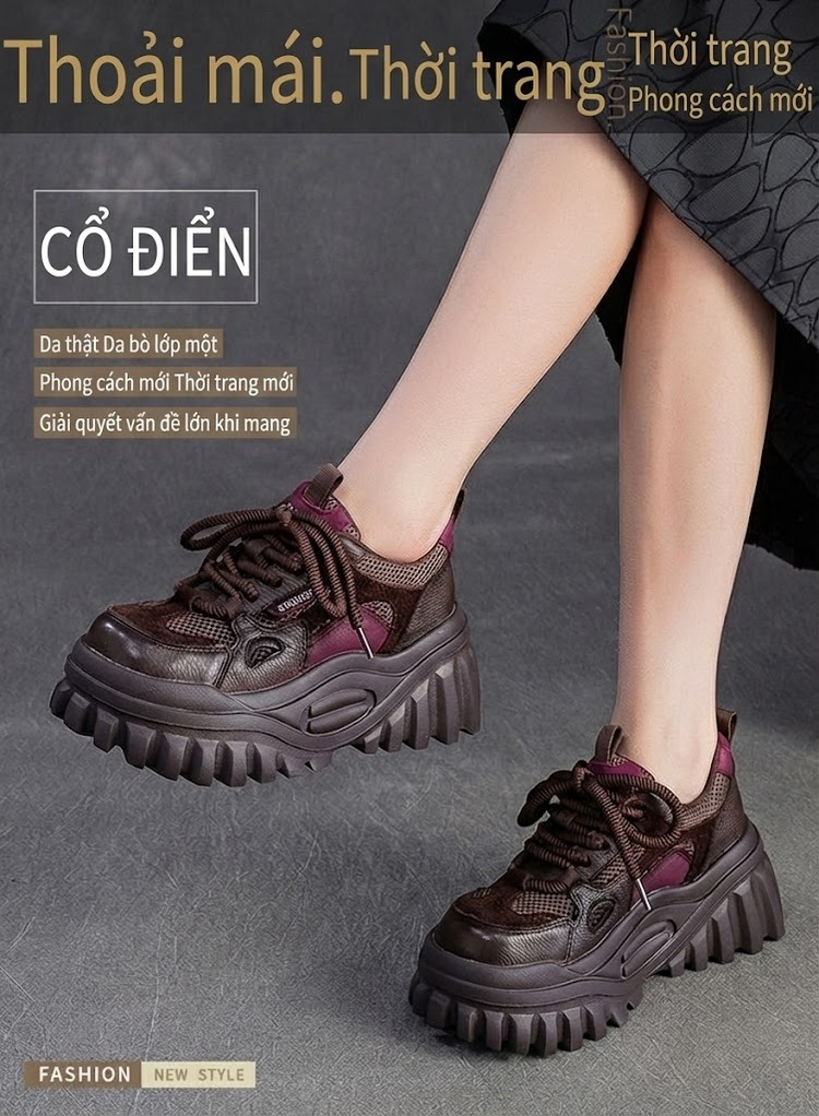 Giày Sneaker Nữ Da Bò Buộc Dây Đế Bánh Mì Chiều Cao Đế Khoảng 5cm Màu Nâu, Be chi tiết 2
