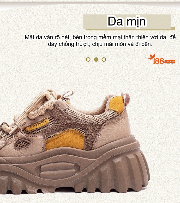 Giày Sneaker Nữ Da Bò Buộc Dây Đế Bánh Mì Chiều Cao Đế Khoảng 5cm Màu Nâu, Be chi tiết 3