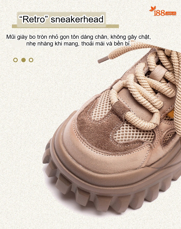 Giày Sneaker Nữ Da Bò Buộc Dây Đế Bánh Mì Chiều Cao Đế Khoảng 5cm Màu Nâu, Be chi tiết 4
